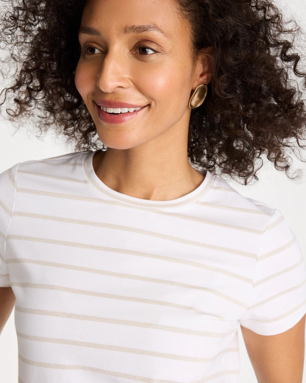 Chico's Quality - Cotton Stretch Striped Cap Sleeve Tee Alabaster