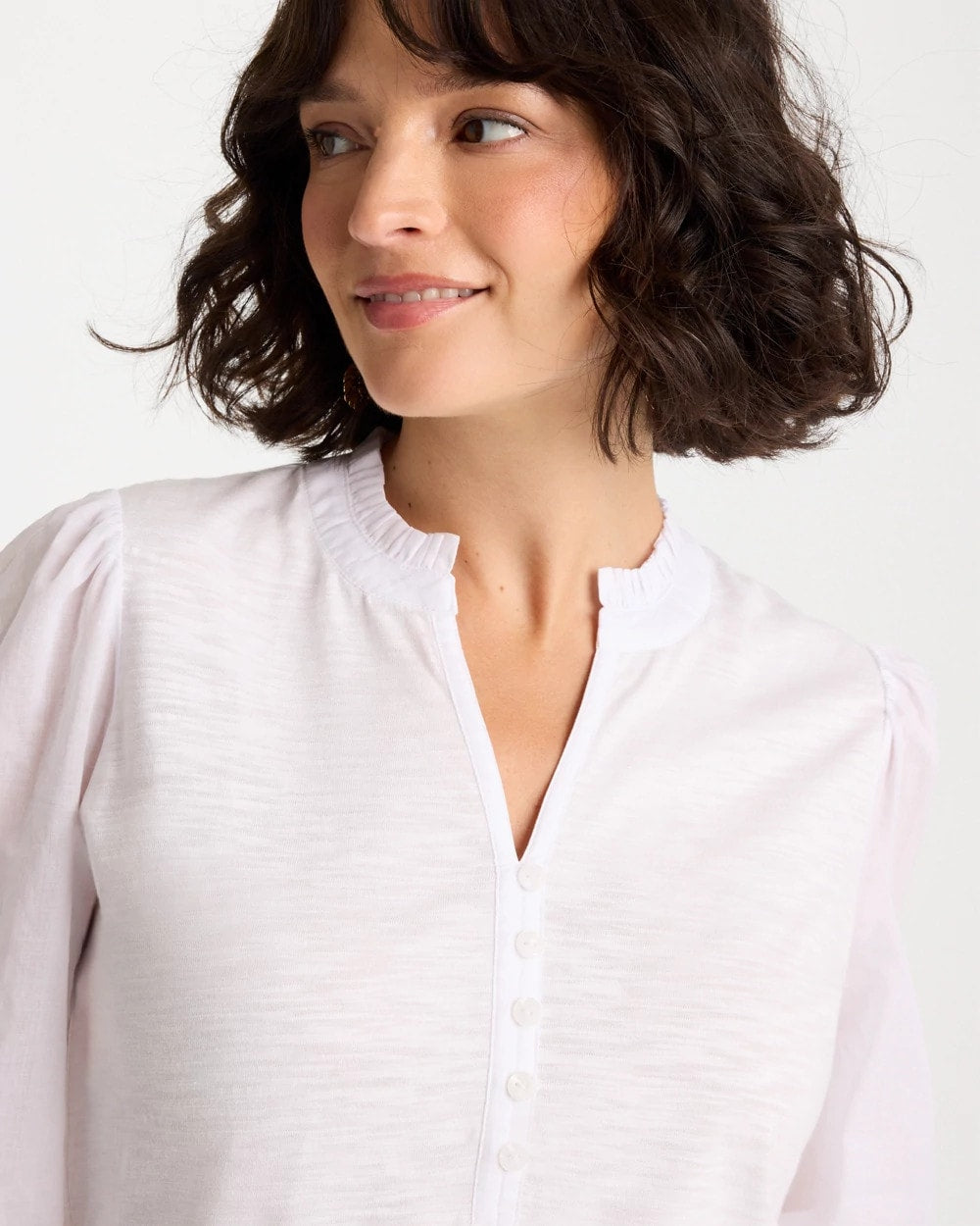 Chico's Special Offer - Ruffled V-Neck 3/4 Sleeve Top Alabaster