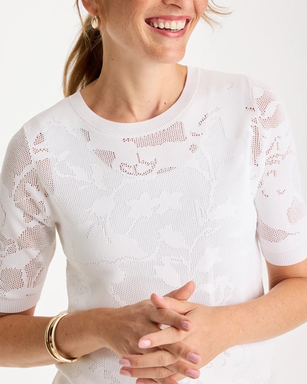 Chico's Hot Sale - Ella Short-Sleeve Pointelle Sweater Alabaster