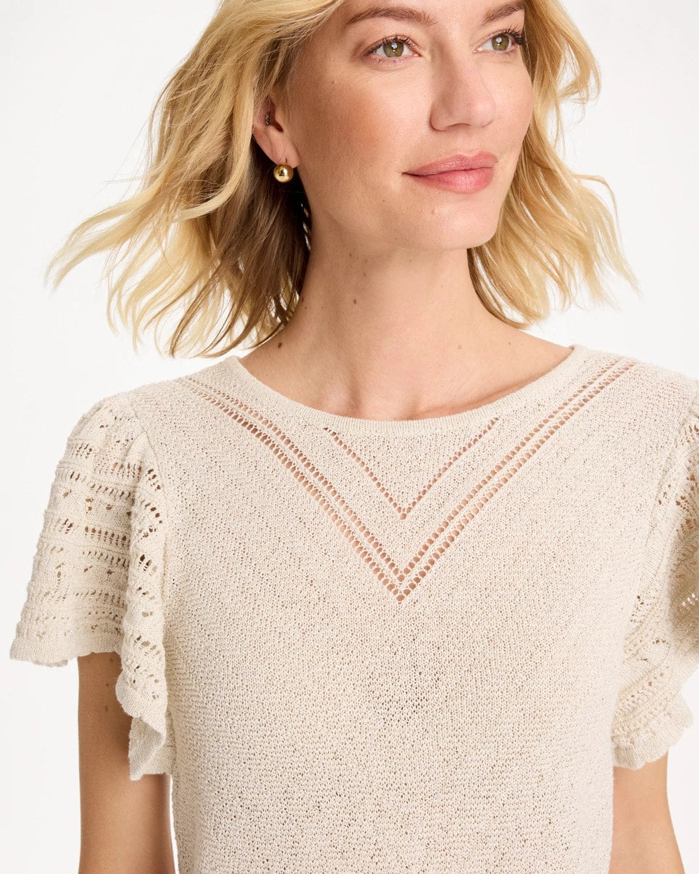 Chico's Great Value - Pointelle Metallic Flutter-Sleeve Pullover Cream