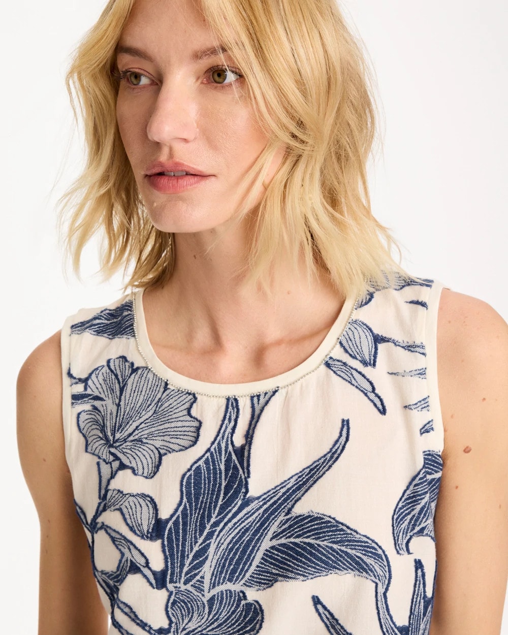 Chico's Trending - Caviar Trim Floral Tank Ecru