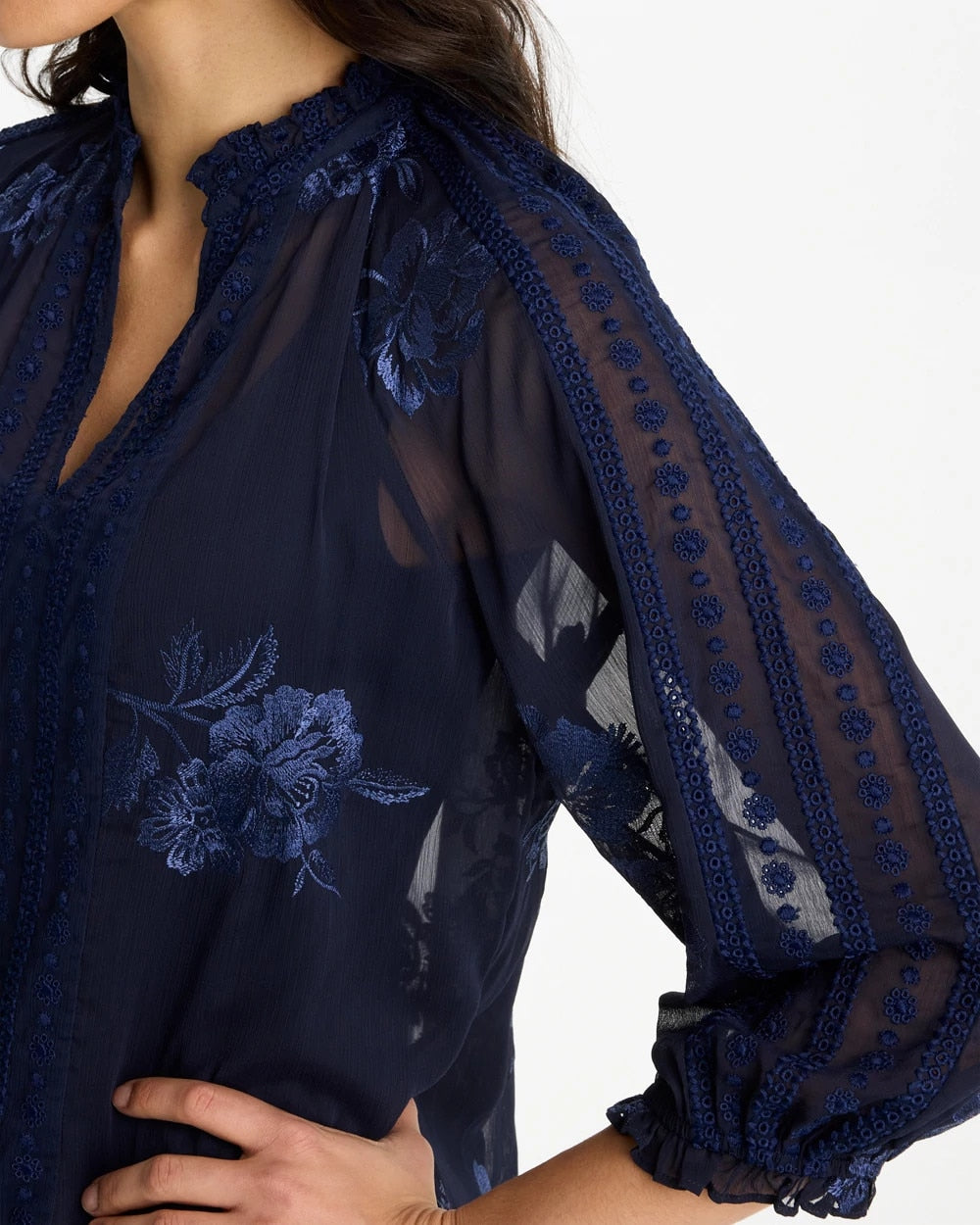 Chico's Recommended - Embellished Splitneck Blouse Passport Blue