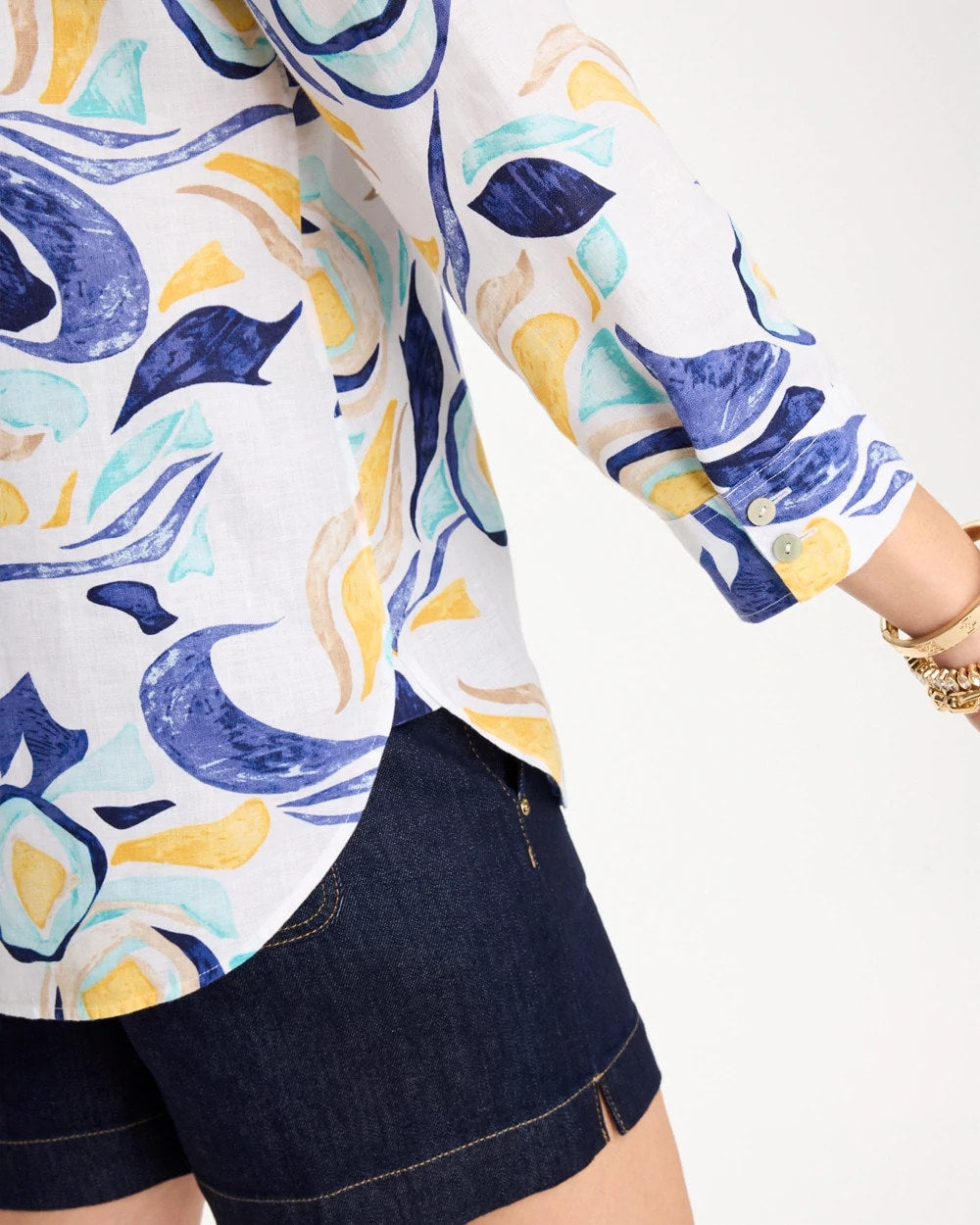 Chico's New - No Iron™ Linen Handpainted Print Shirt Passport Blue