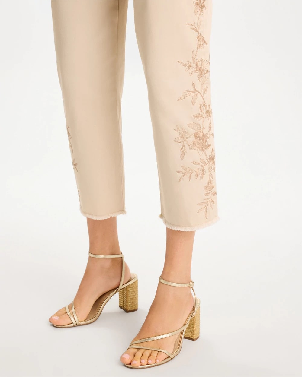 Chico's Signature - Relaxed Embroidered Fray Crop Pant Pale Sand