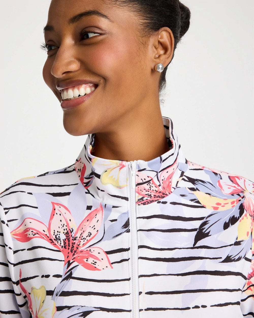Chico's Latest - Zenergy® UPF Lily Print Half Zip Calypso Coral