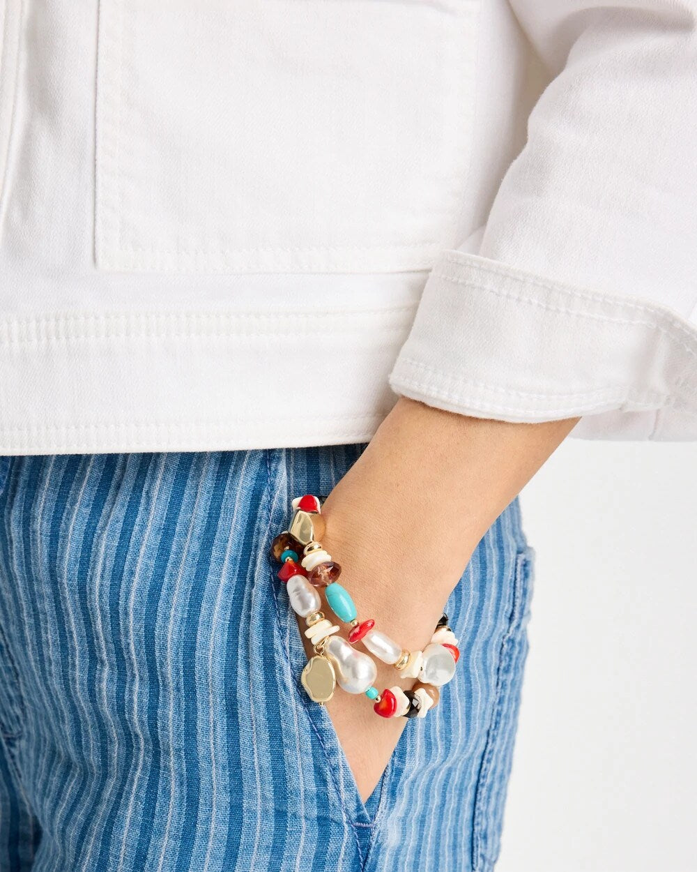 Chico's Recommended - Set of Two Pearl Beaded Stretch Bracelets Multi
