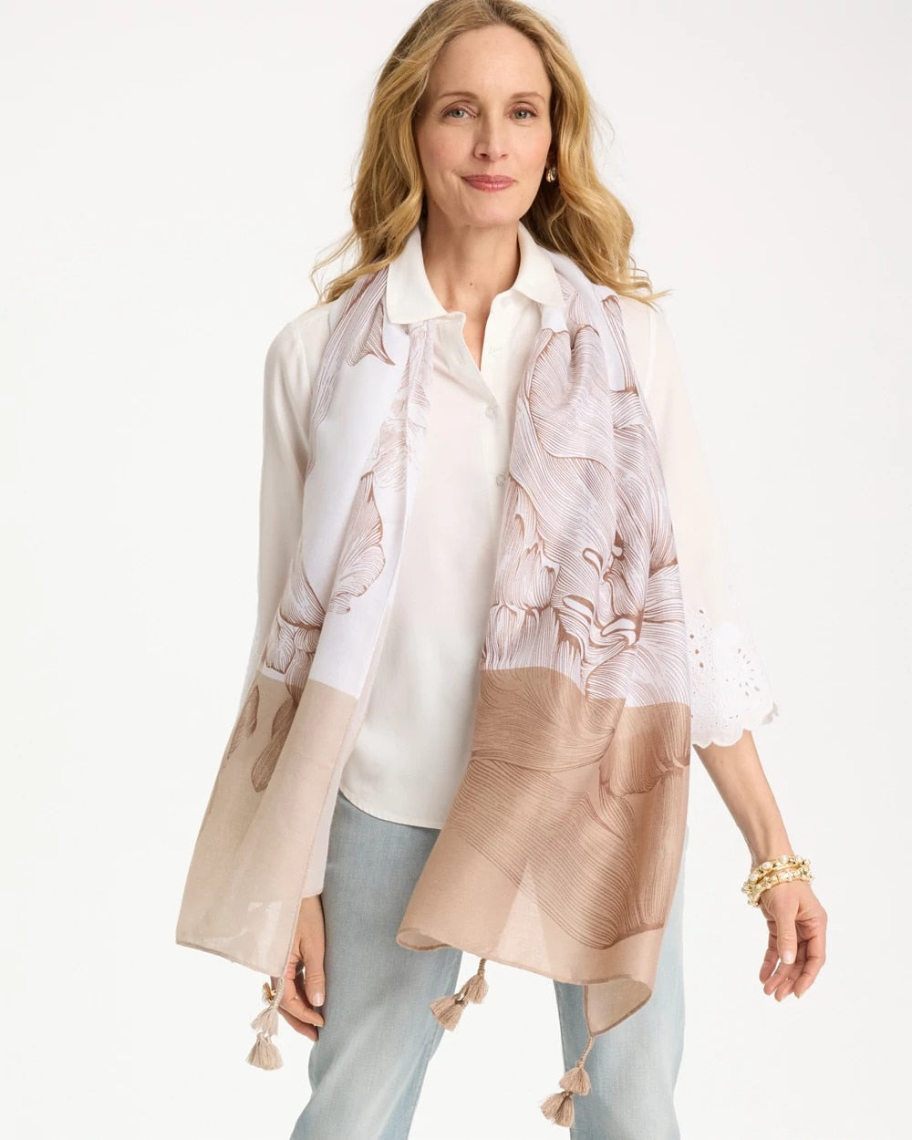 Chico's Classic - Neutral Floral Tassel Oblong Scarf Neutral