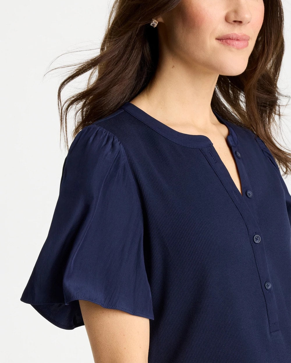 Chico's Special Offer - Rib Knit Woven Flutter Sleeve Tee Passport Blue