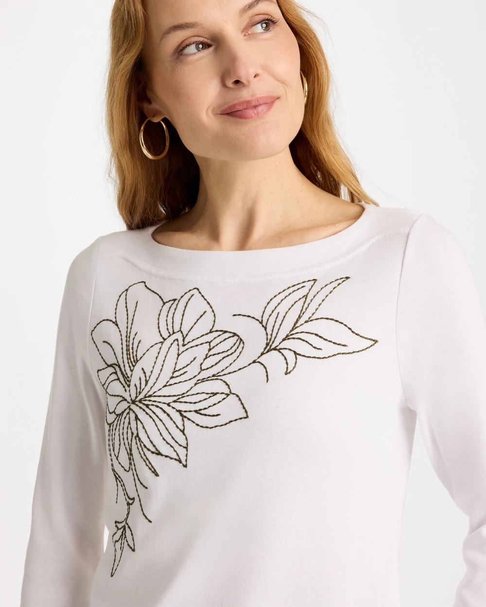 Chico's Value - Embroidered Pima 3/4 Sleeve Tee Alabaster
