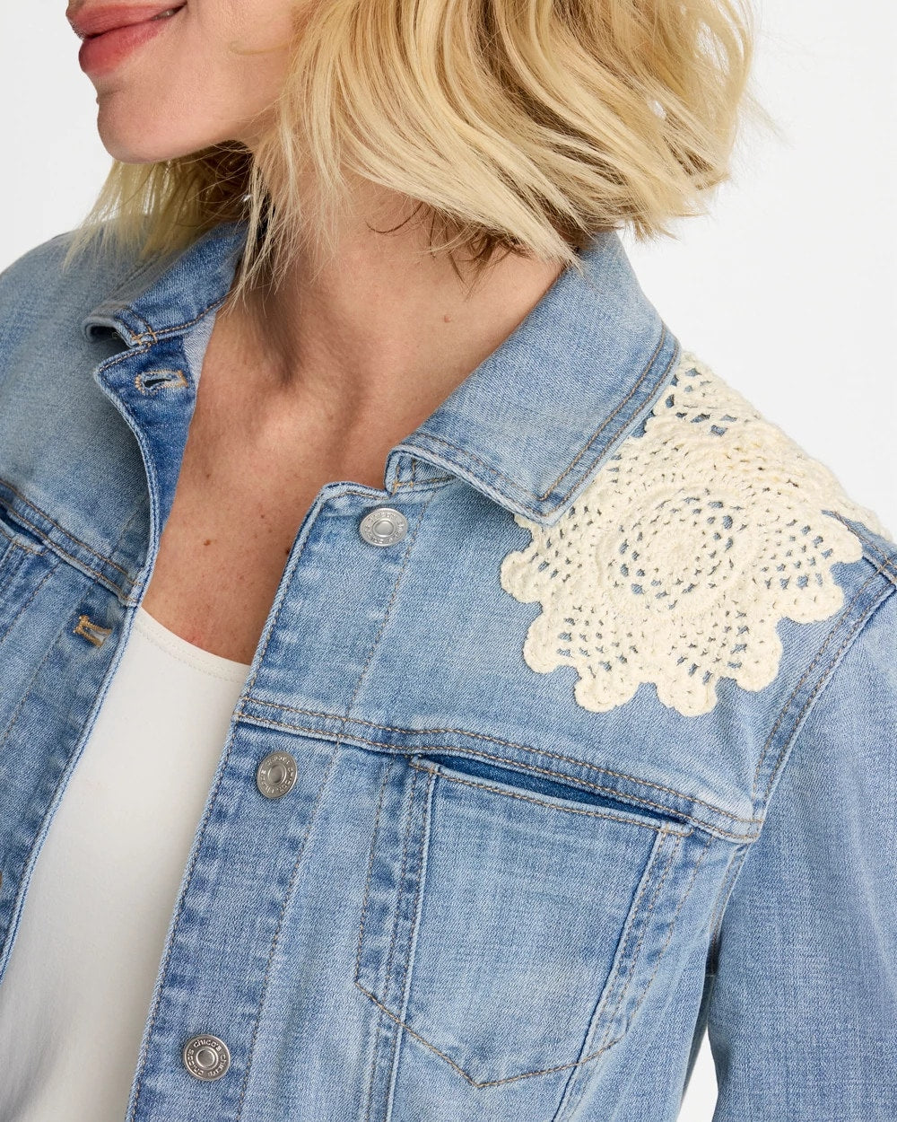 Chico's New - Embroidered Frayed Denim Trucker Jacket Coral Reef Indigo