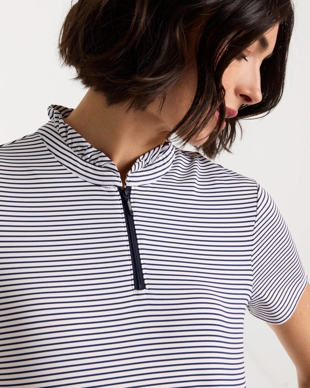 Chico's Deals - Zenergy® UPF Ruffle Striped Half Zip Passport Blue
