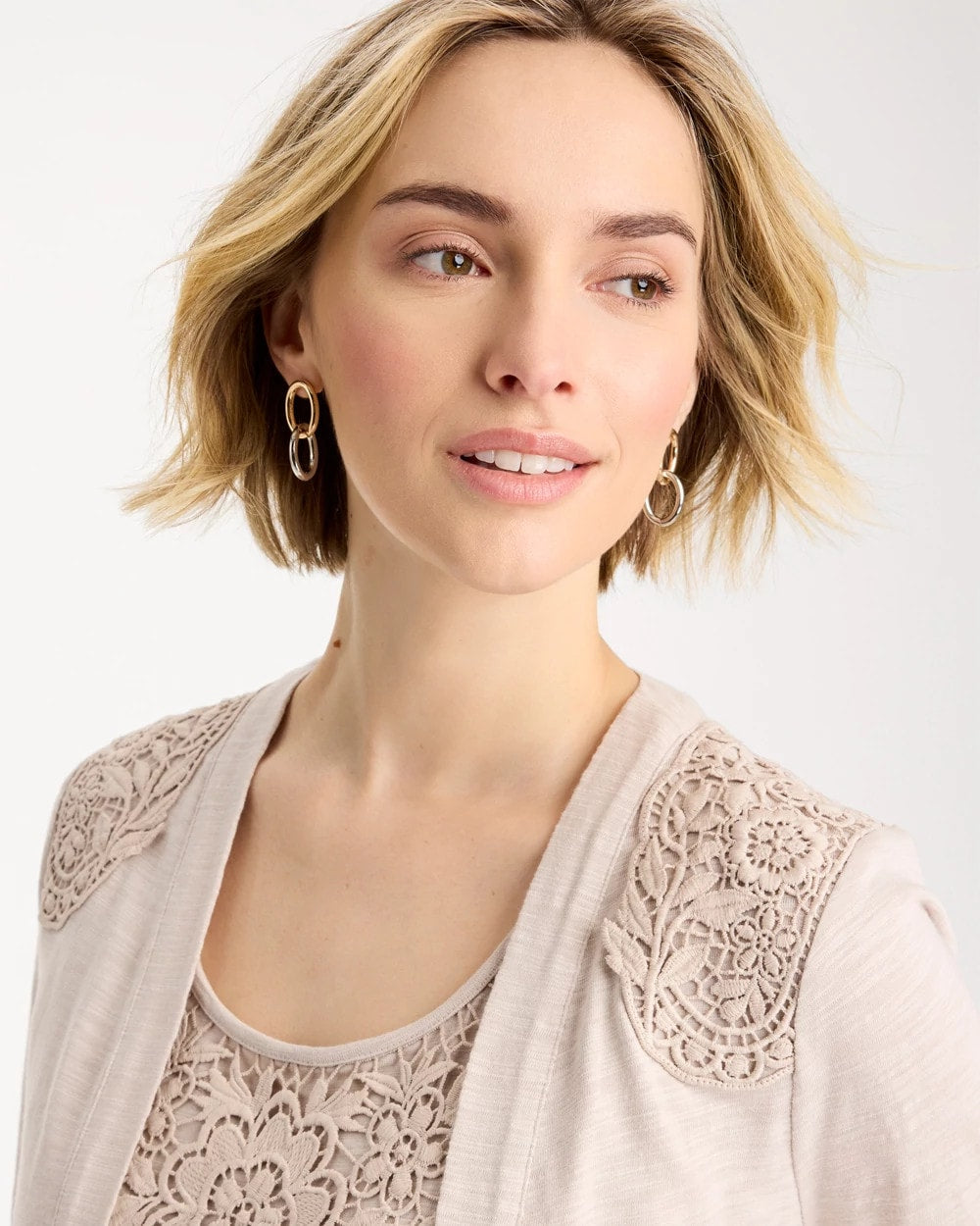 Chico's Exclusive - Embroidered Cotton Slub 3/4 Sleeve Cardigan Smokey Taupe
