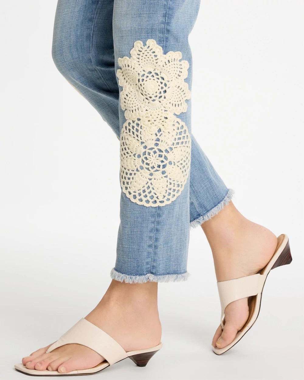Chico's Classic - Girlfriend Slim Crochet Fray Ankle Jeans Coral Reef Indigo