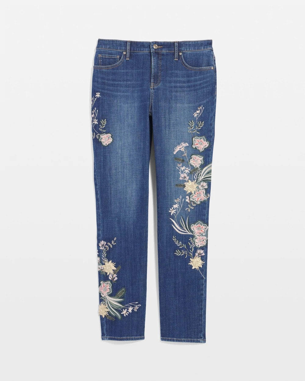 Chico's Best Seller - Appliqué Girlfriend Slim Ankle Jeans Dragon Road Indigo