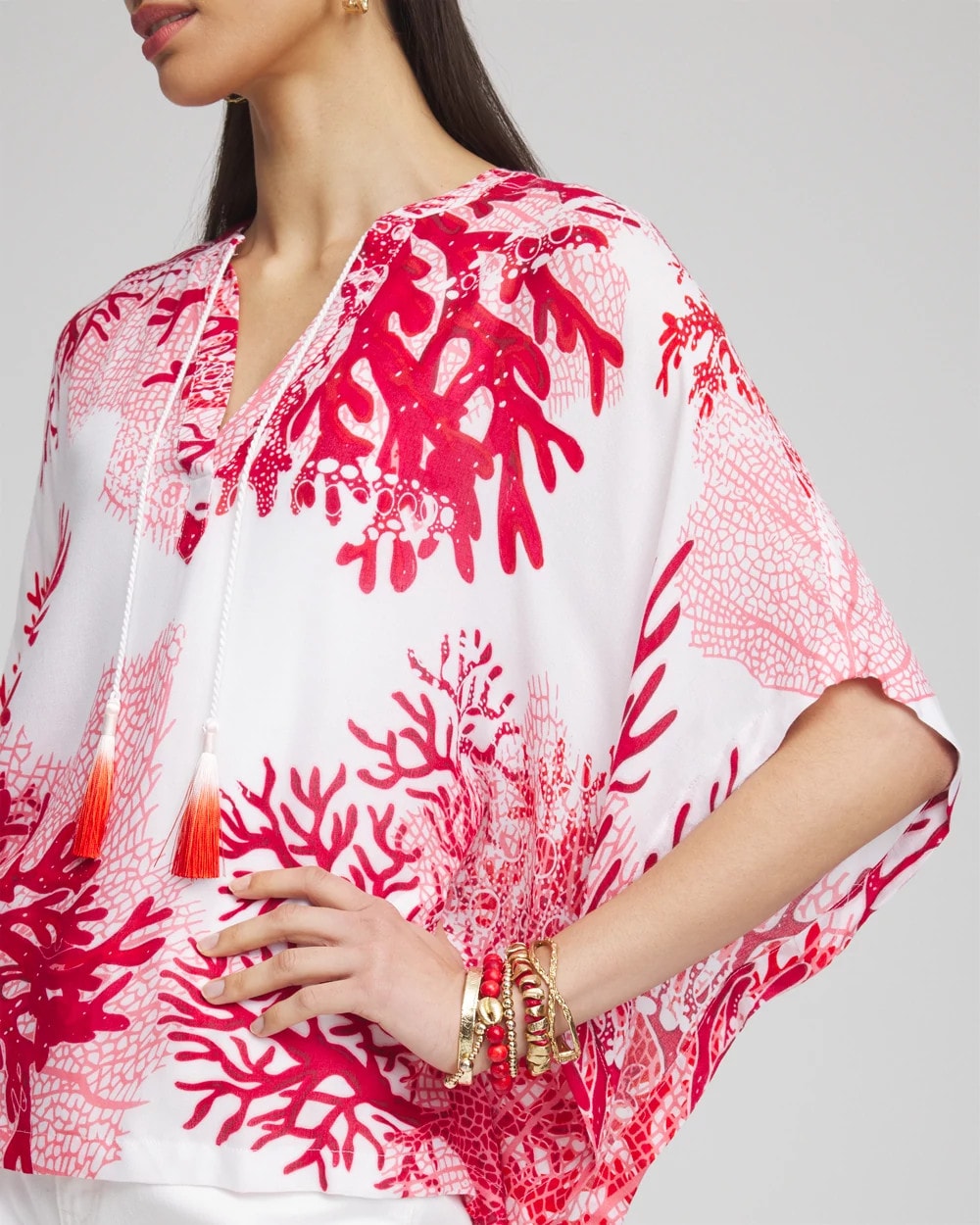 Chico's Value - Coral Reef Motif Poncho Red Glow