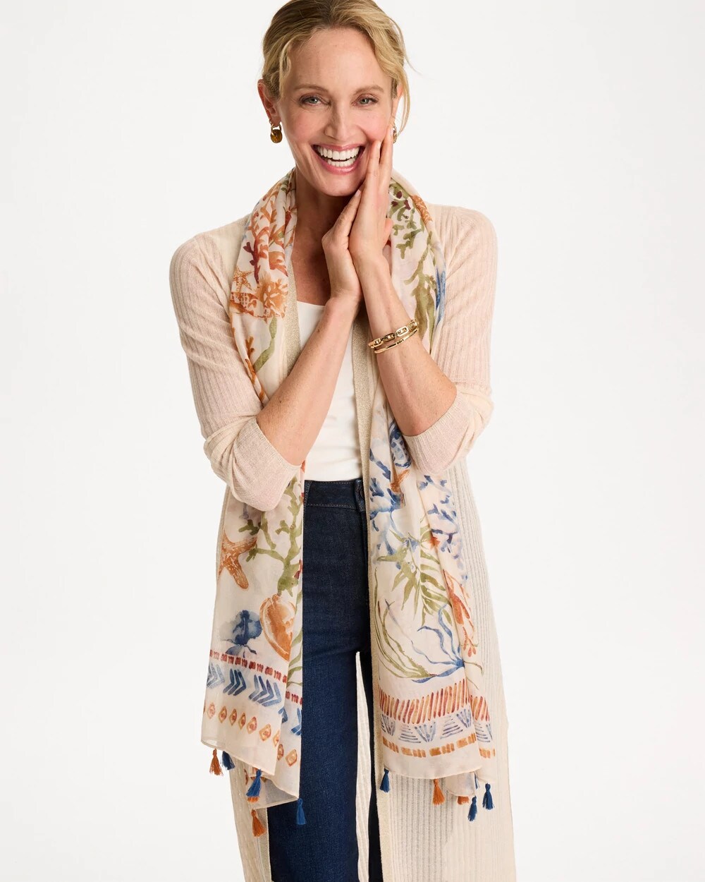 Chico's Hot Sale - Sea Life Tassel Oblong Scarf Olive