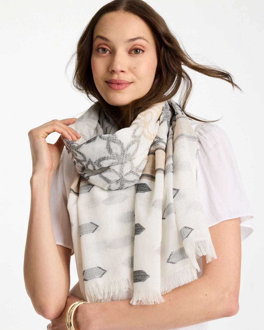 Chico's Great Value - Neutral Paisley Polka Dot Oblong Scarf Neutral