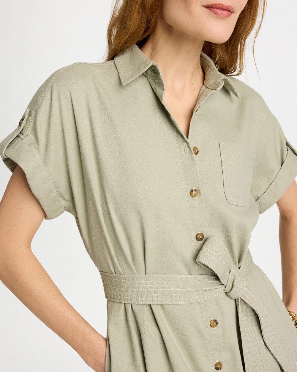 Chico's Top Pick - Dolman Tie Hemp Denim Shirtdress Seagrass Green