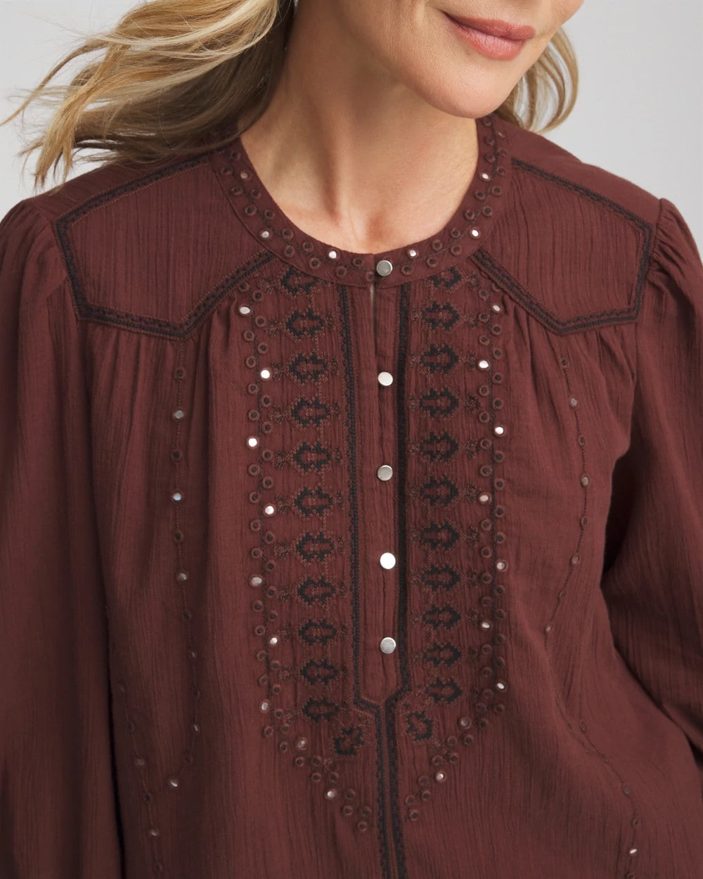 Chico's Smart Buy - Embroidered Crinkle-Cotton Blouse Cacao