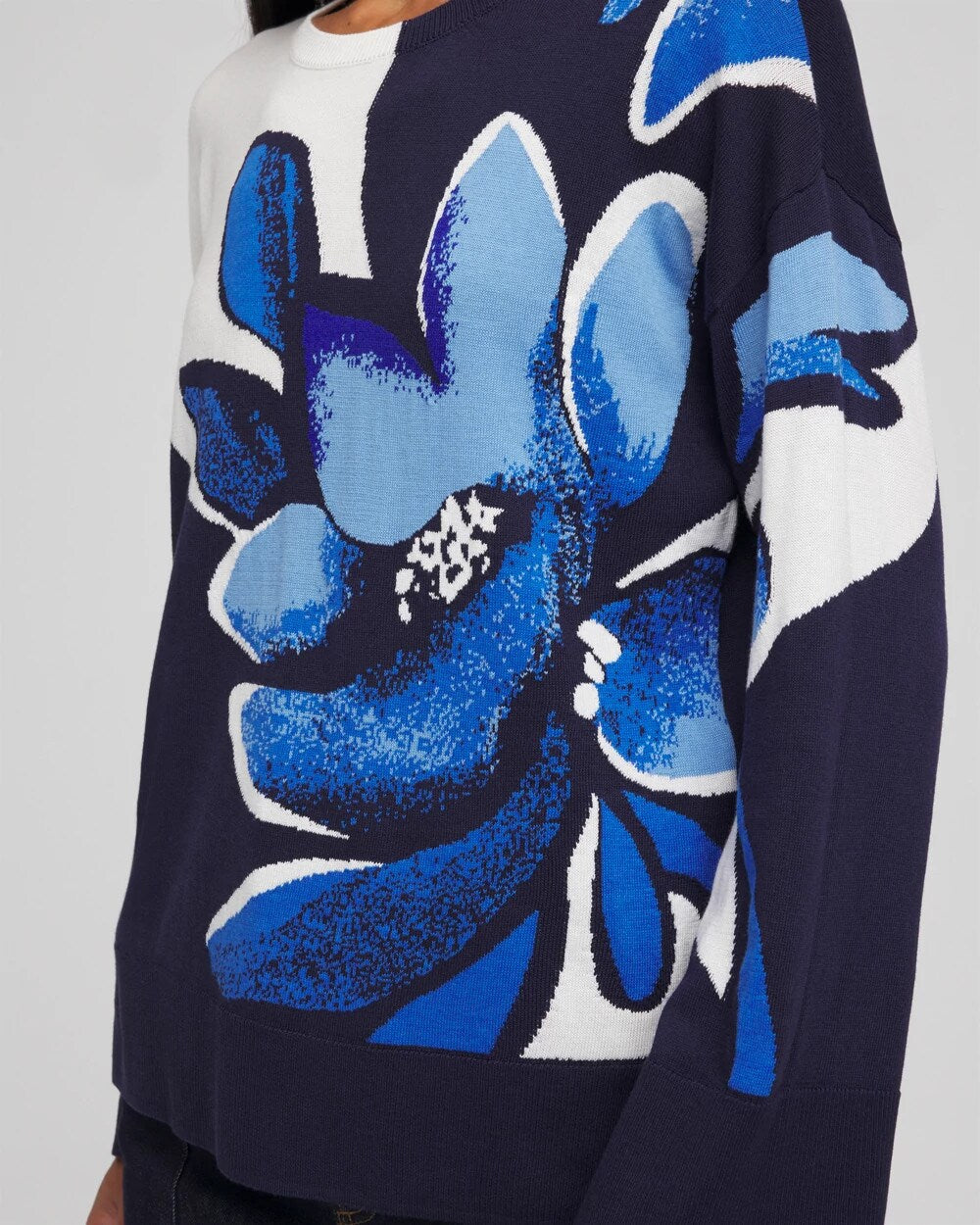 Chico's Popular - Floral Intarsia Crewneck Pullover Tidal Blue