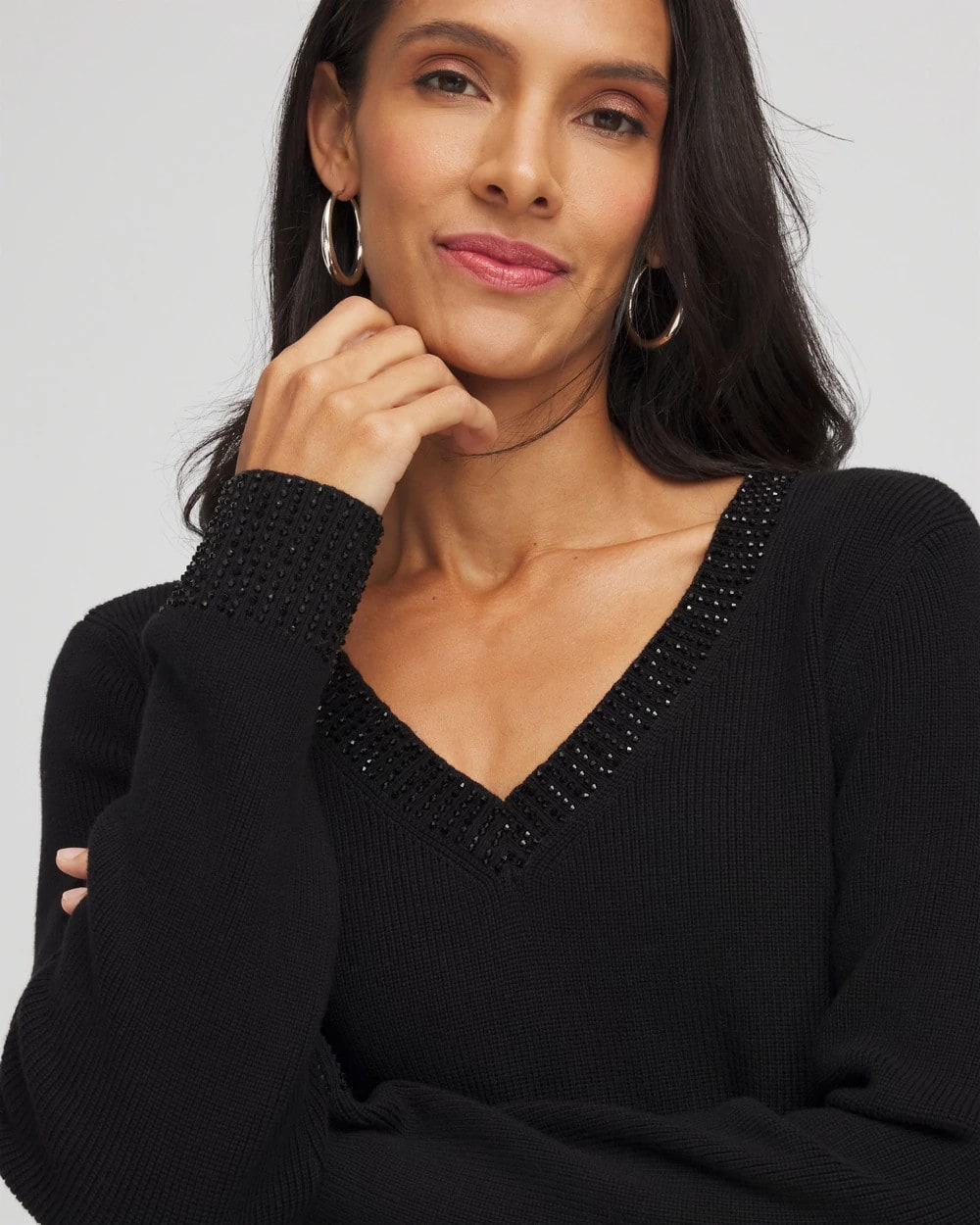 Chico's Sale - Embellished V-Neck Pullover Sweater Black