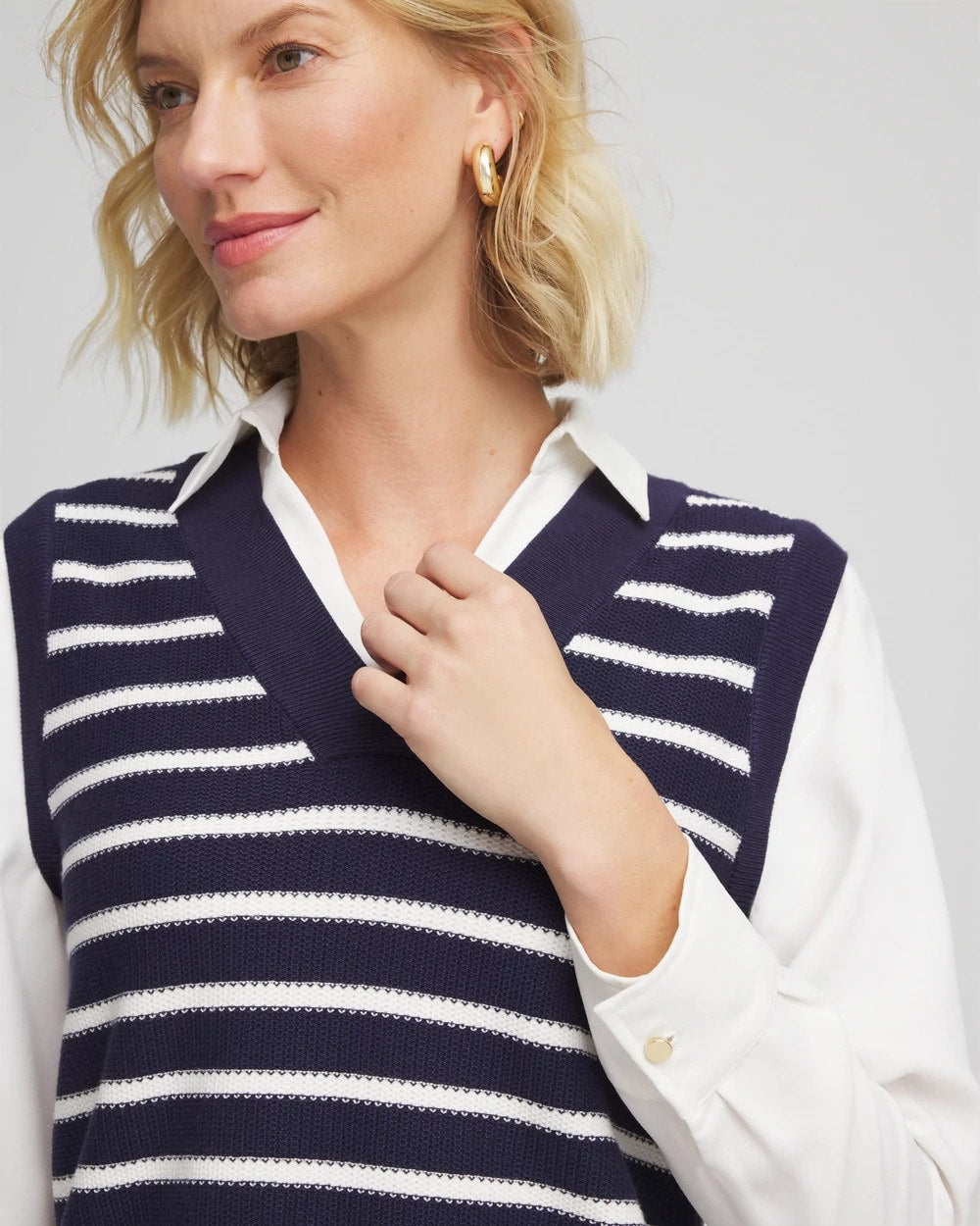 Chico's Value - Striped V-Neck 2 in 1 Sweater Vest Passport Blue