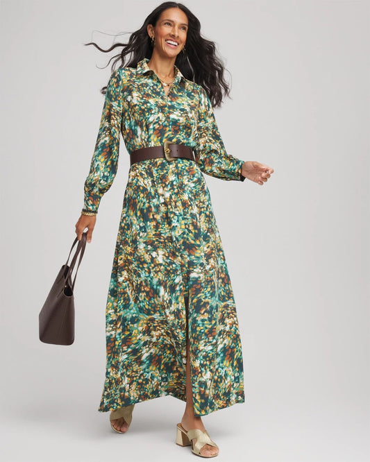Chico's Best Seller - Printed Long-Sleeved Shirtdress Darkest Spruce