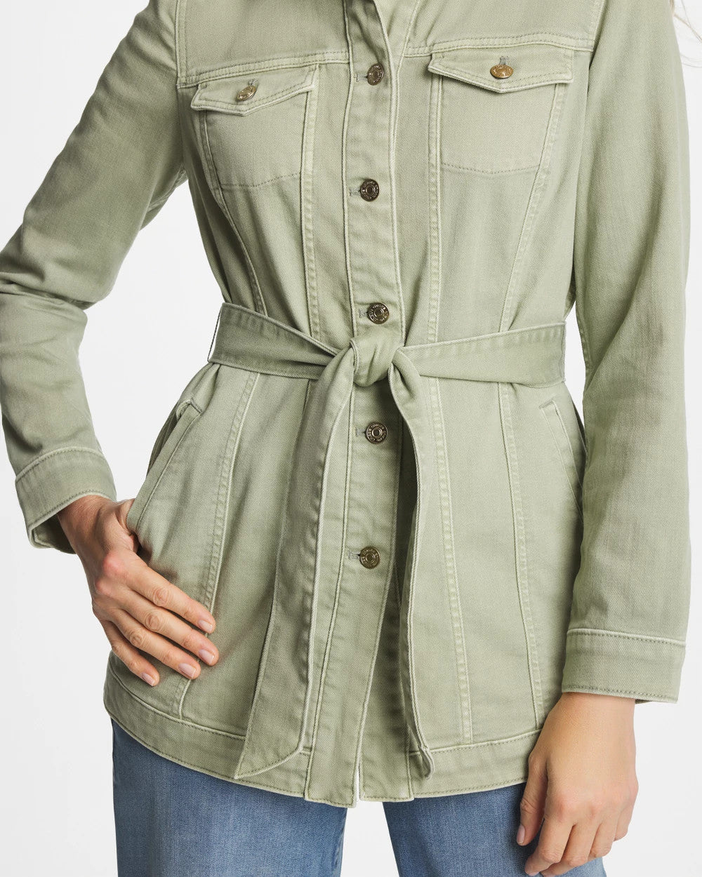 Chico's Customer Favorite - Elongated Belted Denim Jacket Seagrass Green