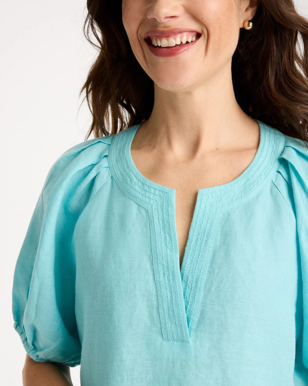 Chico's Popular - Linen Trapunto Popover Top Bondi Blue
