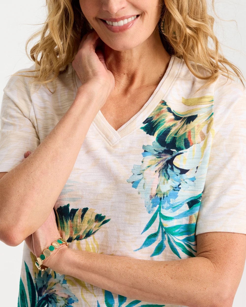 Chico's Top Pick - Printed Cotton Slub V-Neck Tee Topanga Green