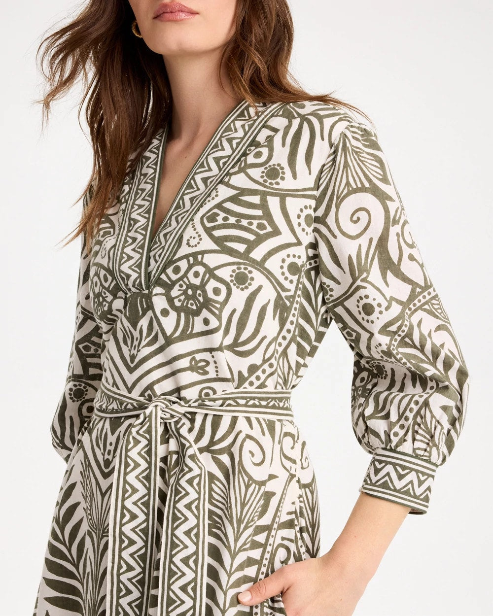 Chico's Discount - Printed Cotton-Linen Belted Dress Kelp Forest