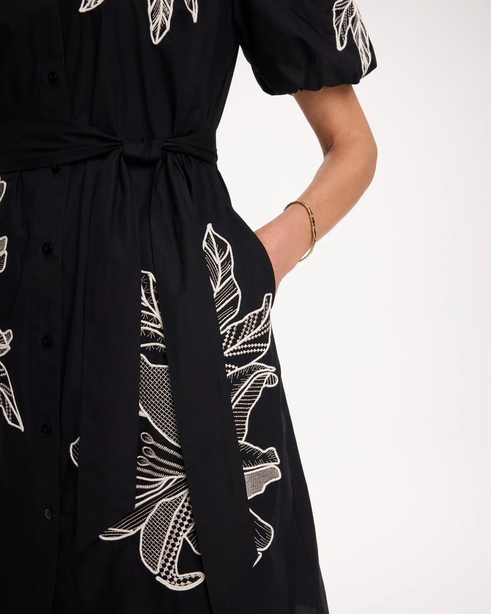 Chico's Discount - Embroidered Poplin Cotton Belted Dress Black