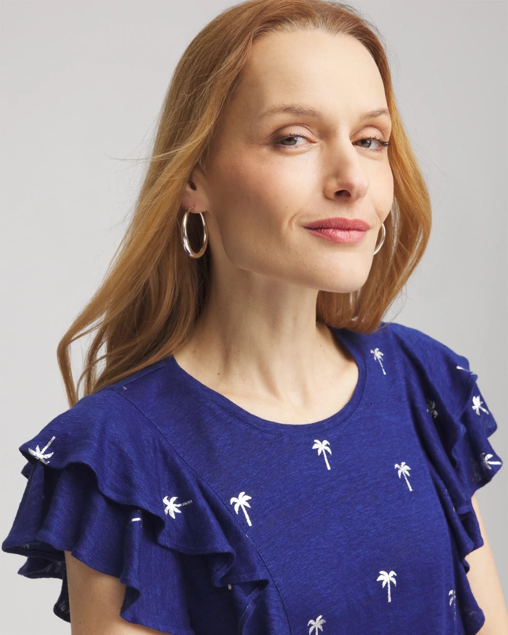 Chico's Special Offer - Foiled Flutter-Sleeve Linen Tee Blue Casa