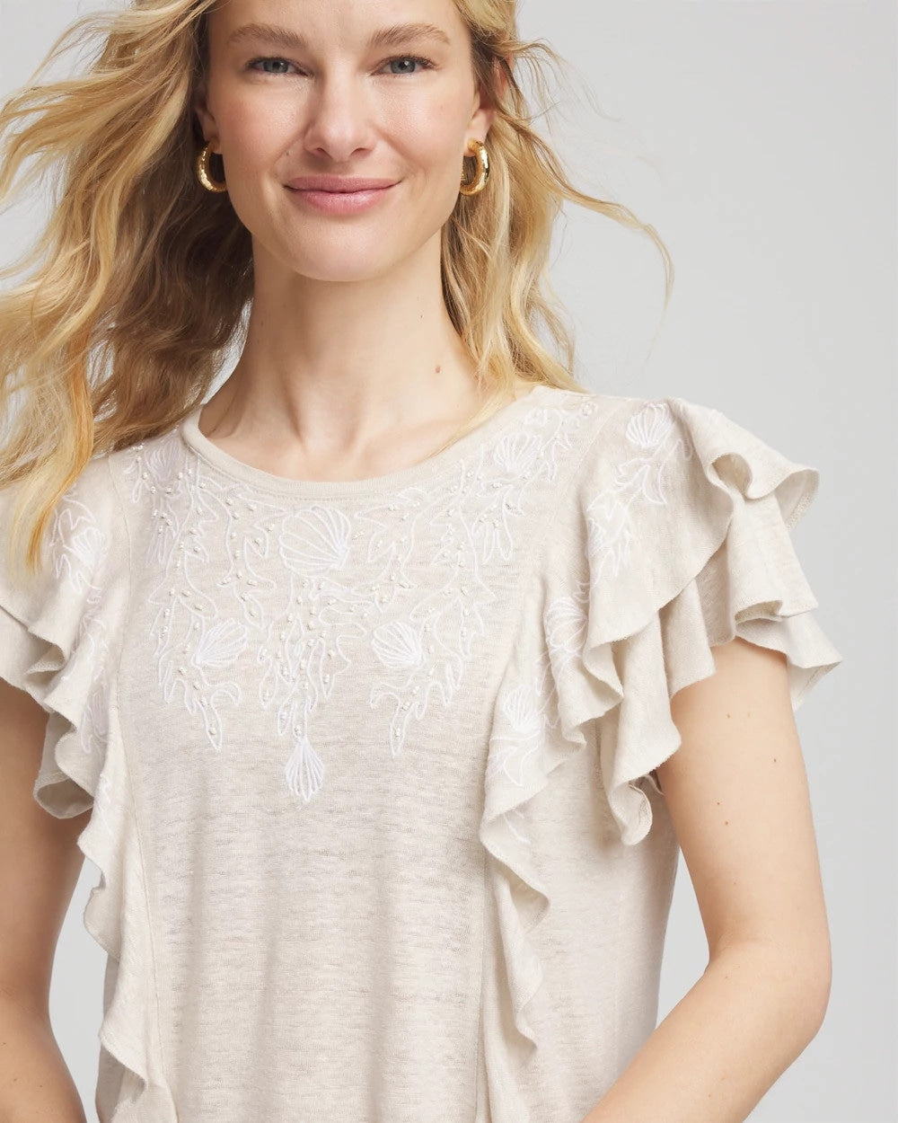 Chico's Customer Favorite - Embroidered Flutter-Sleeve Tee River Rock