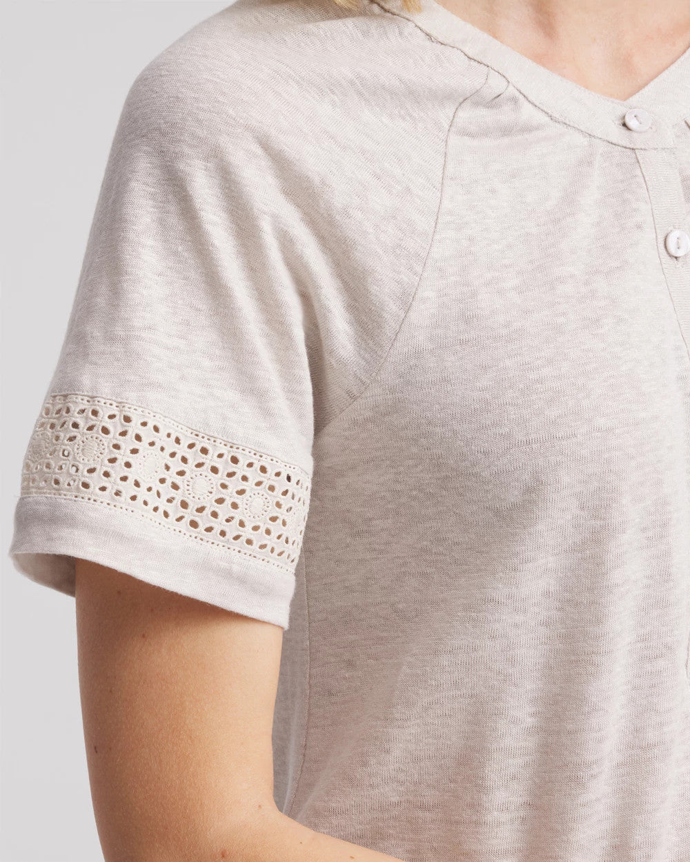 Chico's Smart Buy - Linen Lace-Cutwork Sleeve Henley Tee River Rock