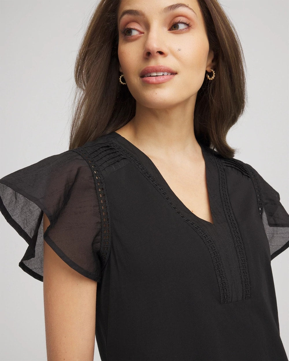 Chico's Hot Sale - Pleated-Trim Flutter-Sleeve Tee Black
