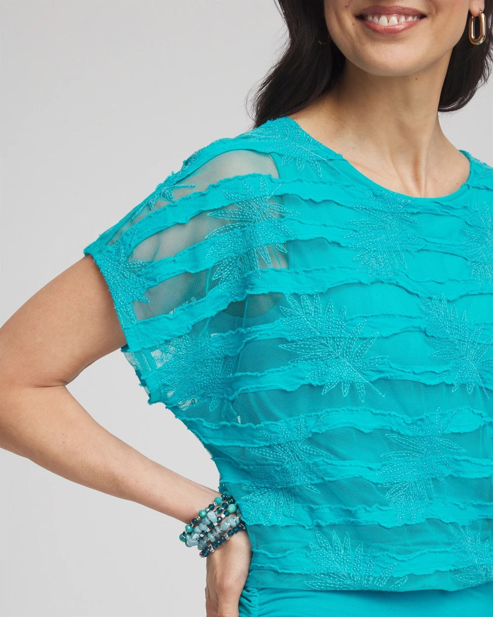 Chico's Everyday - Embroidered Striped Banded Bottom Top Seaspray