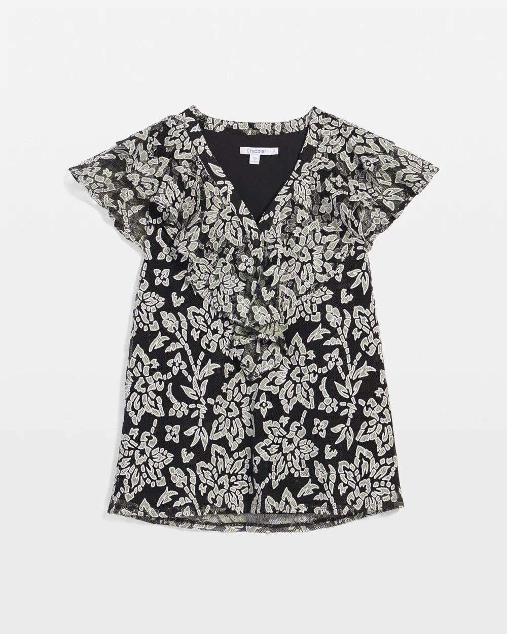 Chico's Premium - Lace Floral-Burnout Henley Tee Black
