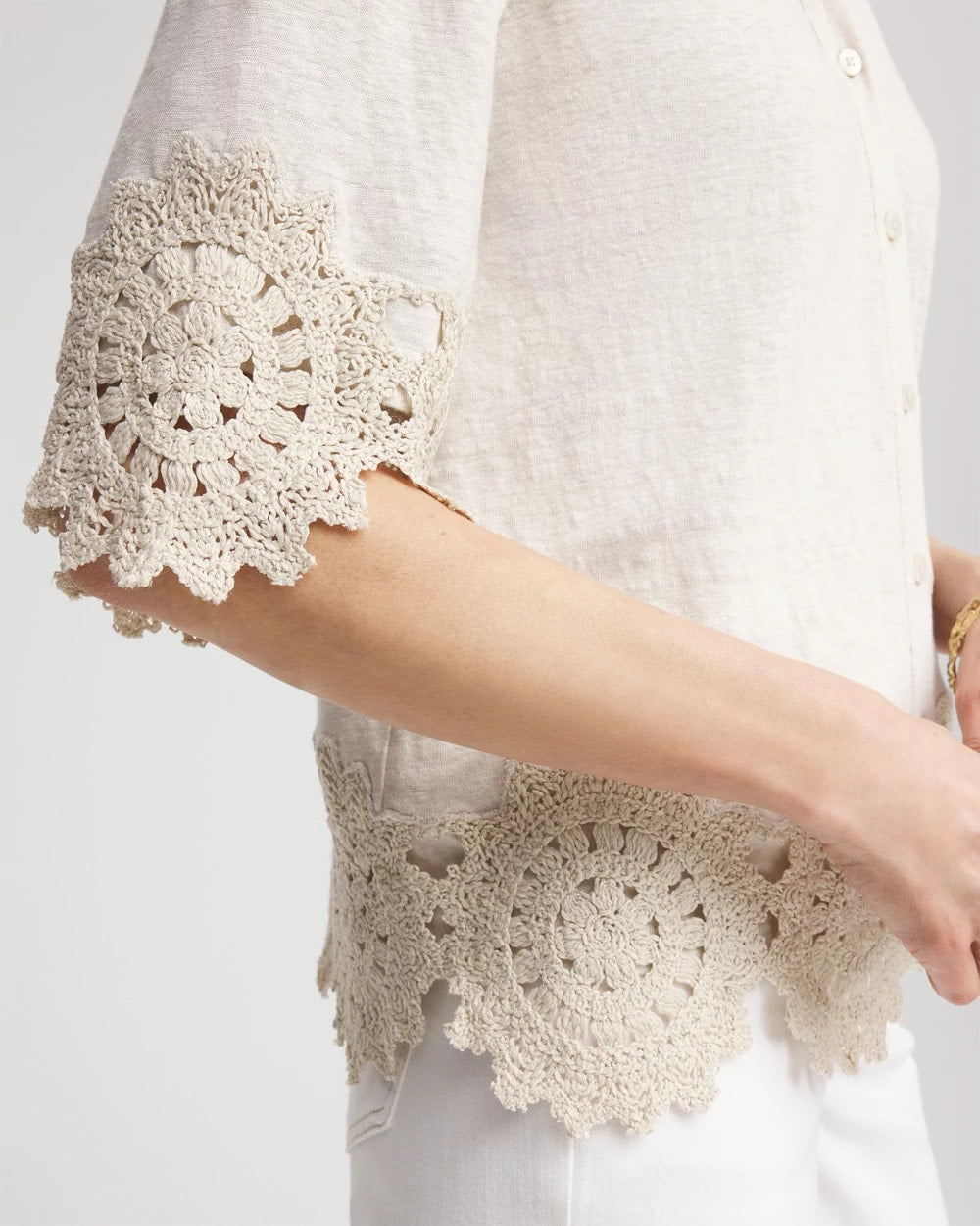 Chico's Best Seller - Crochet Trim Linen Shirt River Rock