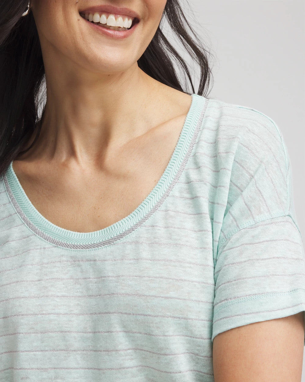 Chico's Featured - Striped Sweater-Trim Linen Tee Teal Waters