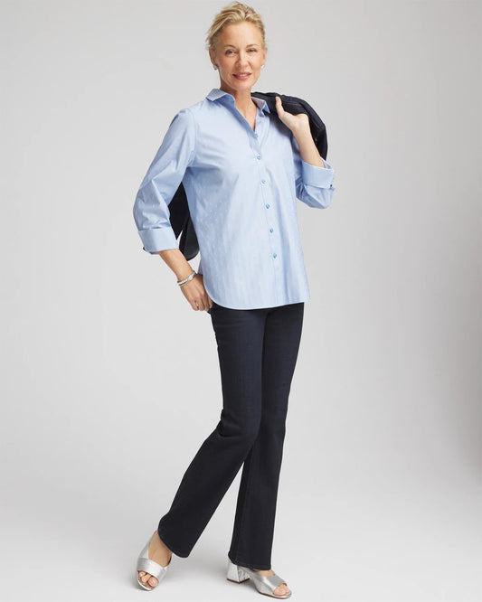 Chico's Best Seller - No Iron™ Striped Jacquard Sateen Shirt Tidal Blue