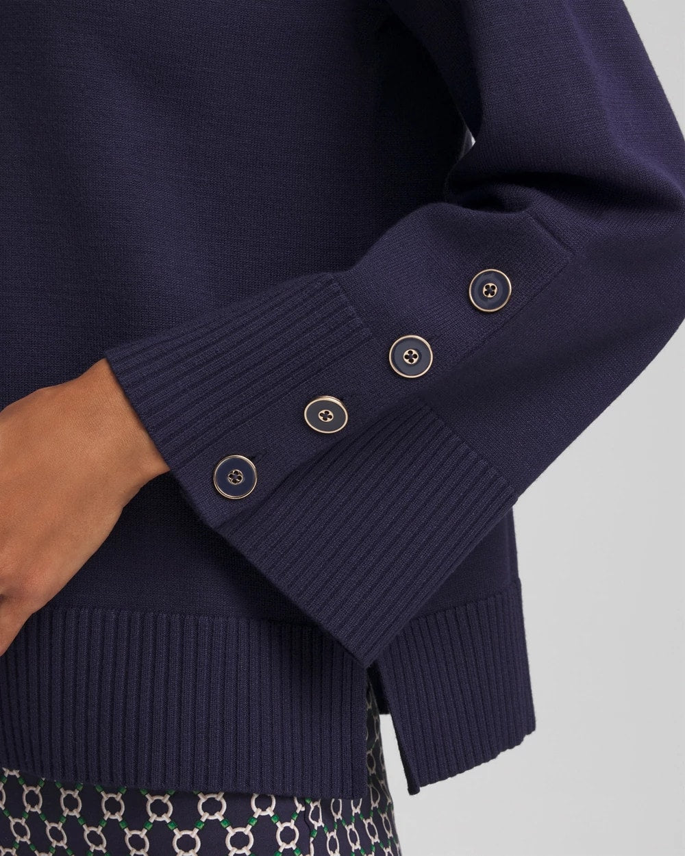 Chico's Everyday - Button Sleeve Crewneck Pullover Passport Blue
