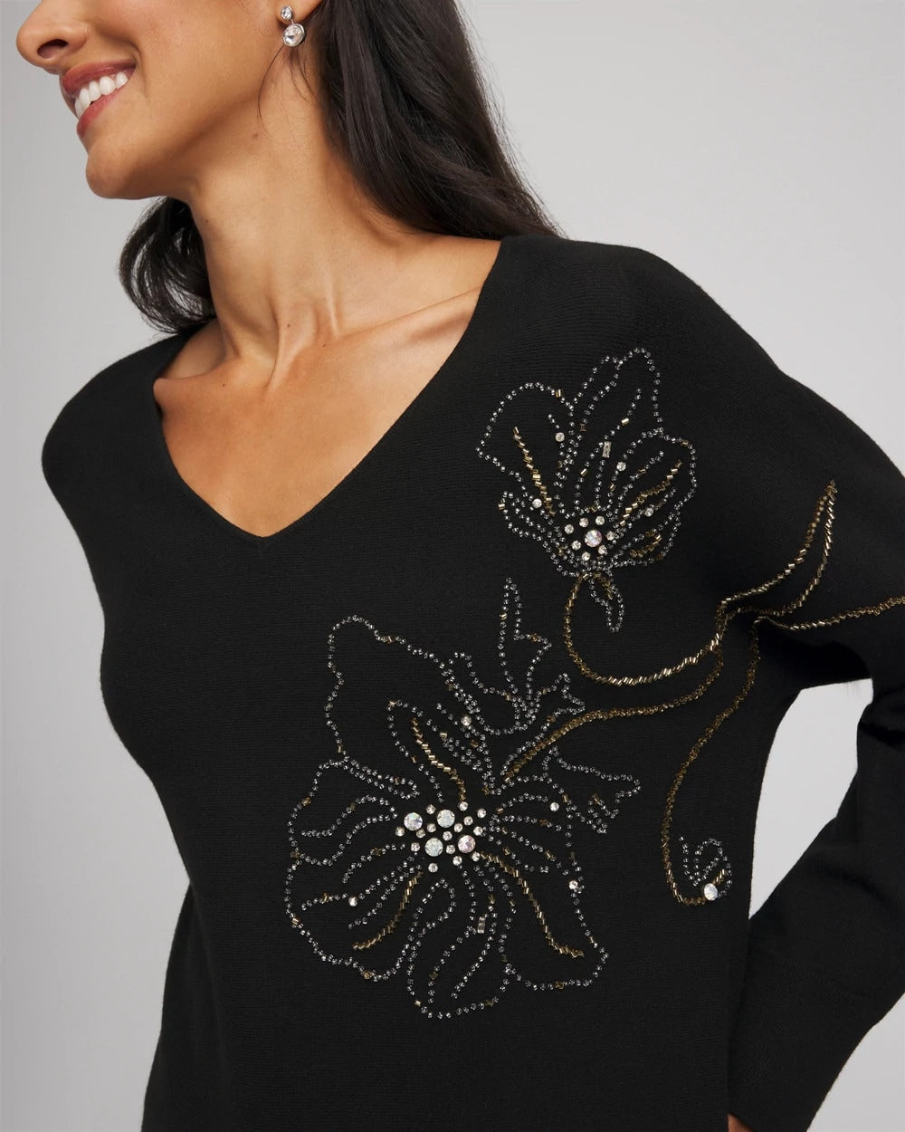 Chico's Discount - Floral Embellished Dolman V-Neck Pullover Black