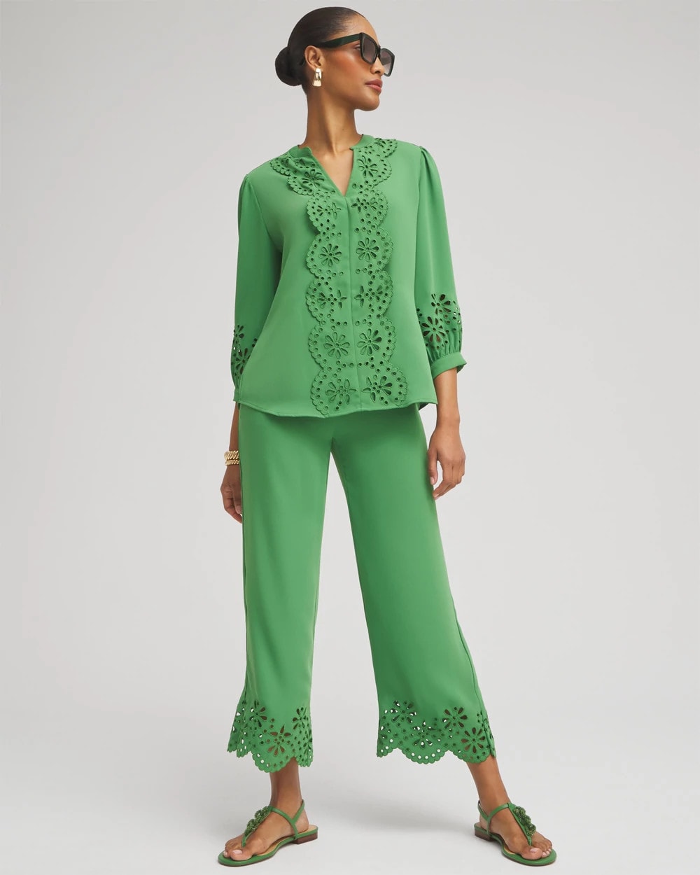 Chico's Trending - Petite Satin Eyelet Hem Culottes Verdant Green