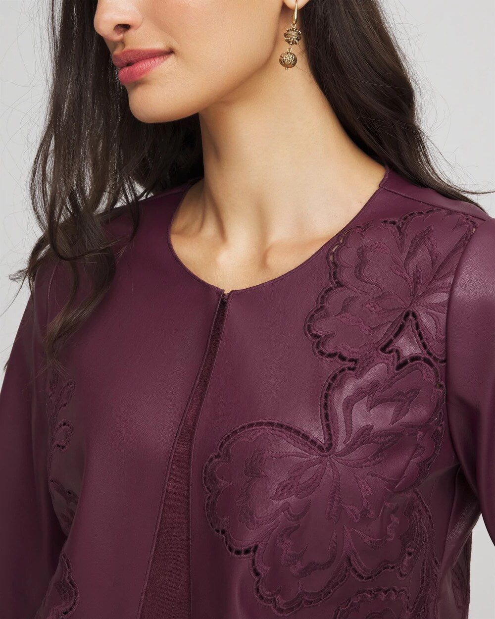 Chico's Trending - Travelers™ Collection Faux Leather Embroidered Jacket Blackened Burgundy