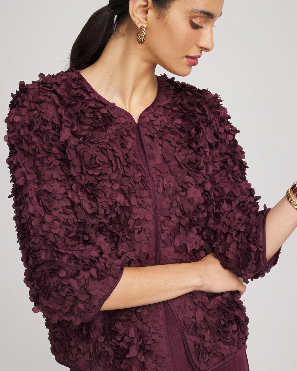 Chico's Customer Favorite - Travelers™ Collection Textured Rosette Jacket Blackened Burgundy