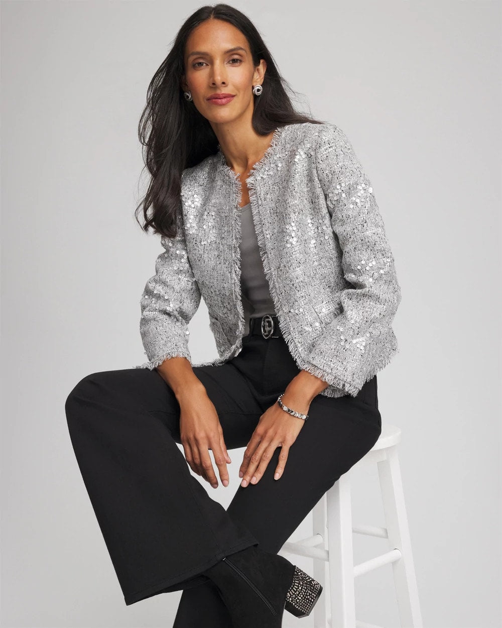 Chico's Top Pick - Silver Sequins Tweed Jacket Silver