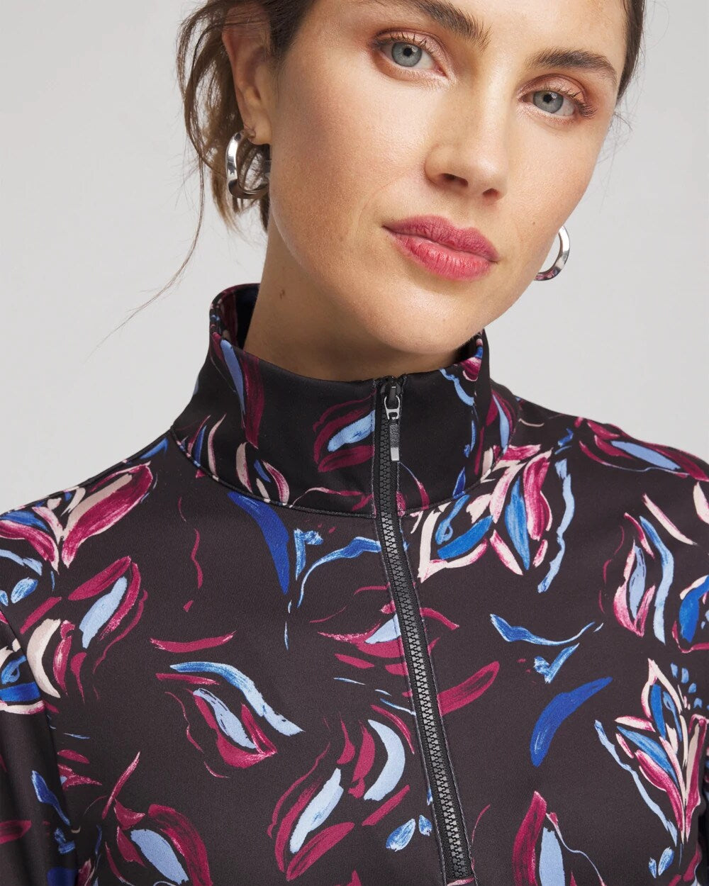 Chico's Featured - Zenergy® UPF Floral Half-Zip Pullover Top Deep Chianti
