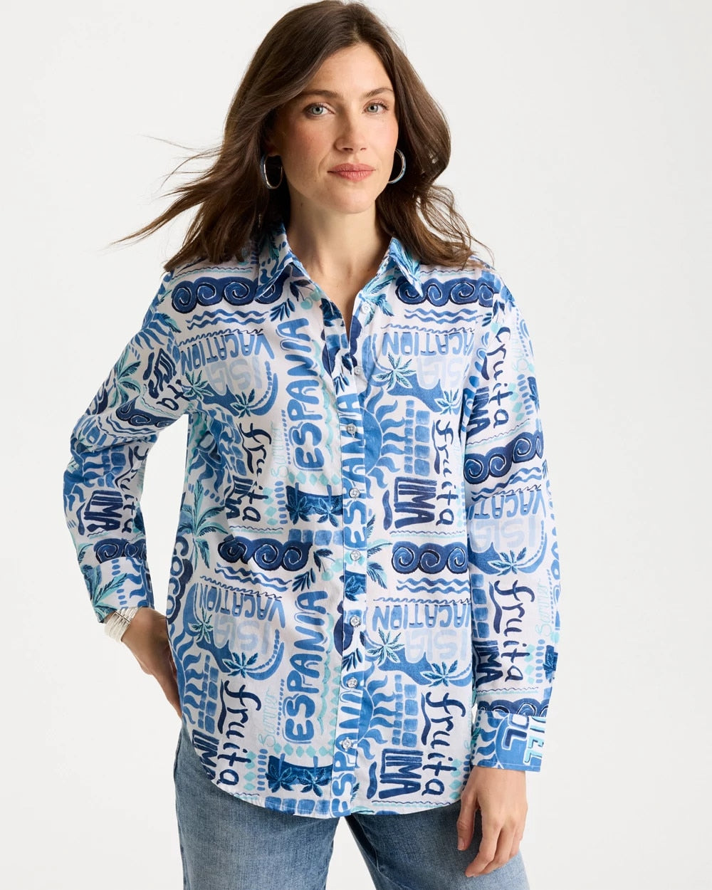 Chico's Value - Cotton Voile Collared Beach Shirt Bondi Blue