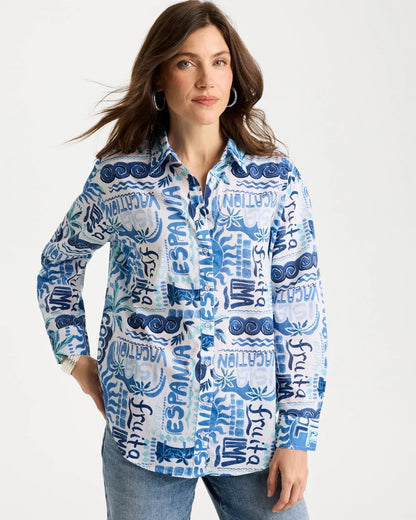 Chico's Value - Cotton Voile Collared Beach Shirt Bondi Blue